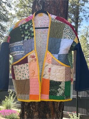 Handmade Patchwork Quilted Jacket with Yellow Trim/Jean material on the sleeves